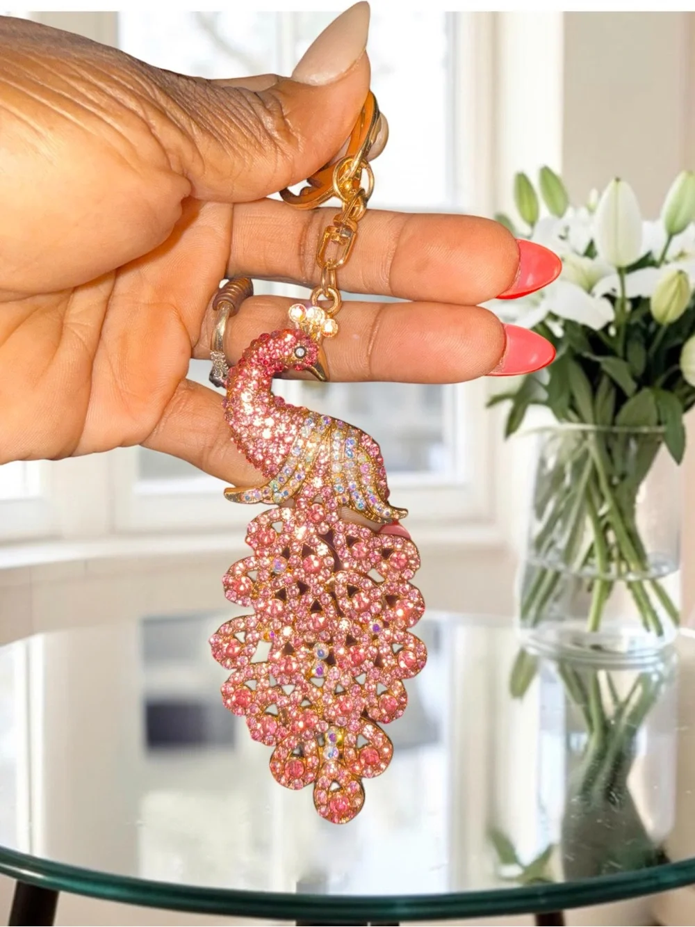 Crystal Pink Peacock Key & Bag Charm